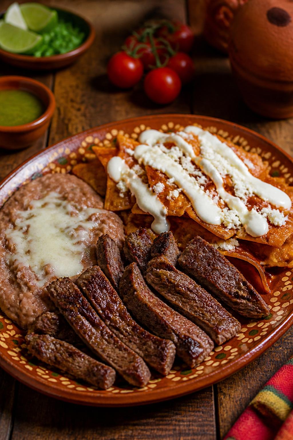 A plate of carne asada with chilaquiles and refried beans